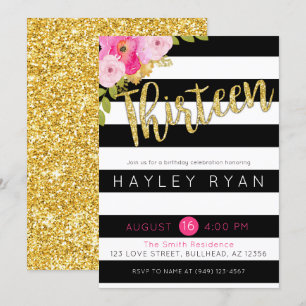 Thirteen 13th Birthday Black White Stripe Invitation