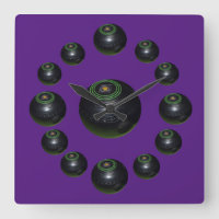Thirteen Black Lawn Bowls On Purple, Large Clock