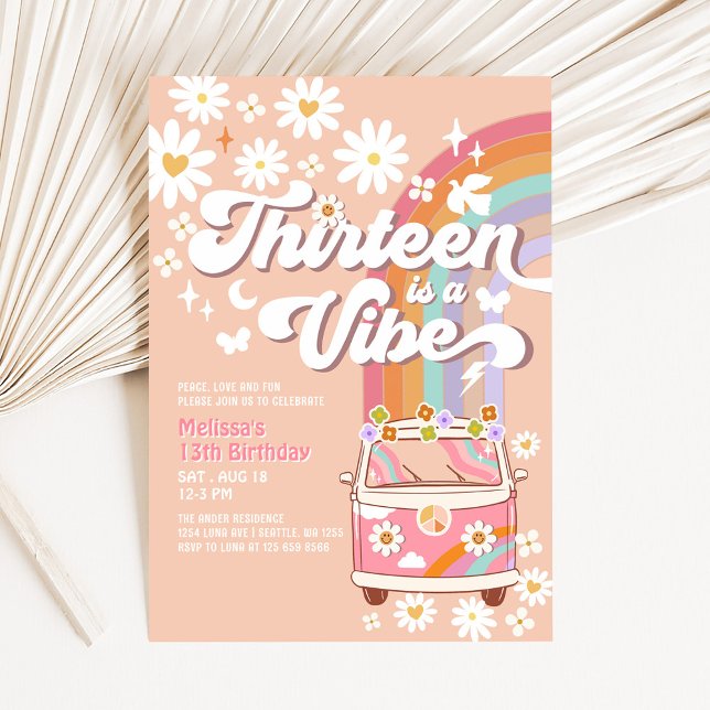 THIRTEEN is a Vibe Groovy Daisy Rainbow Birthday Invitation (Creator Uploaded)