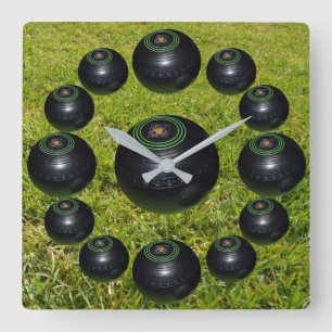 Thirteen Lawn Bowls On Green Grass, Square Wall Clock