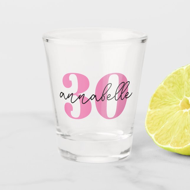 Thirty 30th birthday first name script shot glass (Front)