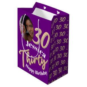 Thirty 30th Birthday photo faux gold silver purple Medium Gift Bag