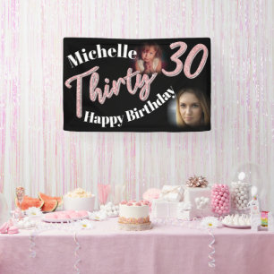Thirty 30th Birthday two photo script rose pink Banner