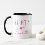 THIRTY AF 30th Birthday Funny Personalized Mug<br><div class="desc">Celebrate 30 in style with this fun and fabulous “THIRTY AF” birthday mug, customized with your name in a playful pink script. Whether you're sipping coffee the morning after the party or gifting your bestie something cheeky and personal, this mug makes turning thirty even more memorable. A bold, bright design...</div>
