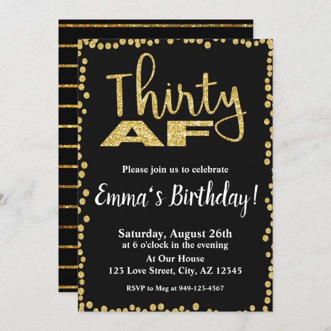 Thirty AF black and gold glitter 30th Birthday Invitation (Front/Back)