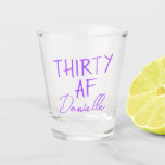 THIRTY AF Personalized Funny 30th Birthday Shot Glass<br><div class="desc">Kick off turning 30 with a toast you won’t forget. This bold “THIRTY AF” shot glass features vibrant purple text and your custom name in a chic script font — the perfect combo of playful and personal. Ideal for birthday parties, brunches, bachelorette weekends, or gifting your bestie something she’ll actually...</div>