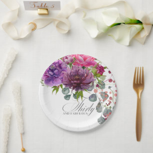 Thirty and Fabulous Elegant Floral 30th Birthday Paper Plate