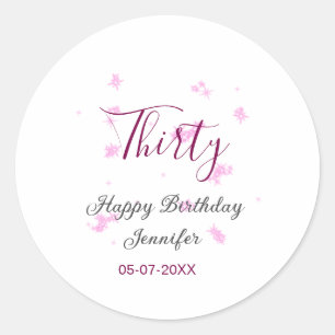 Thirty birthday pink glitter stars black 30th date classic round sticker