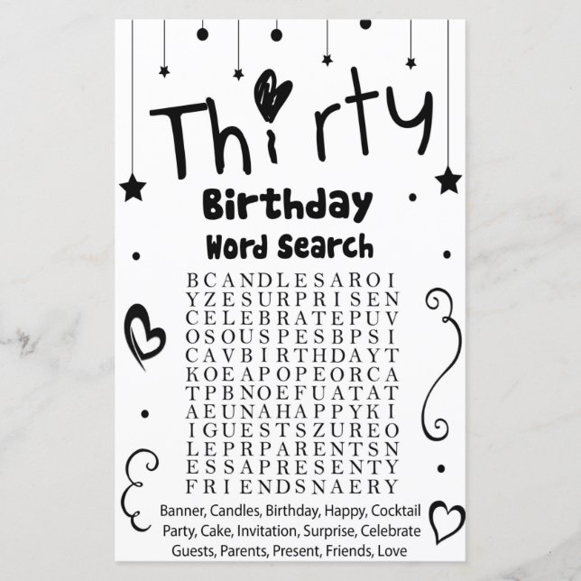 Thirty Birthday word search game (Front)