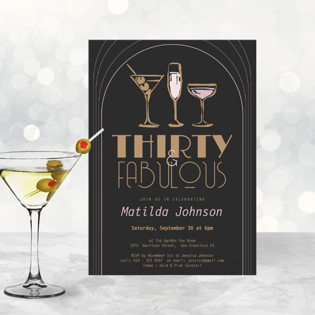 Thirty Fabulous Cocktail Gold Black 30th Birthday Invitation (Mockup View)
