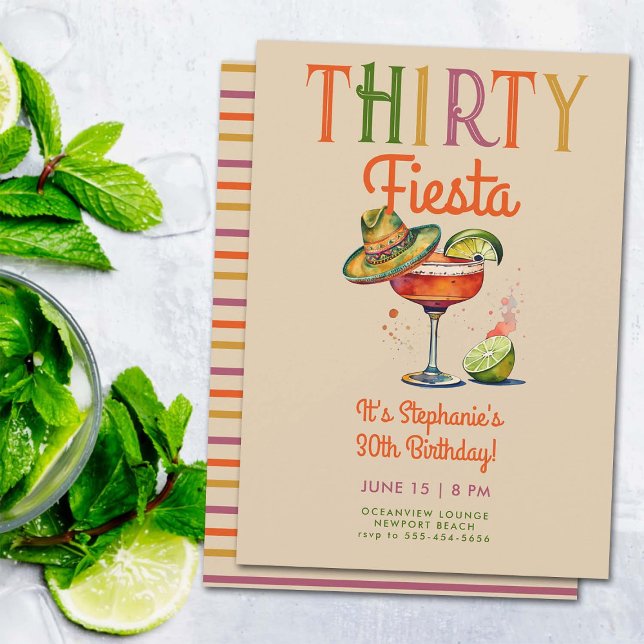 Thirty Fiesta Colourful Margarita 30th Birthday Invitation (thirty fiesta 30 birthday party invitations for women colorful cocktail margarita glass sombrero)