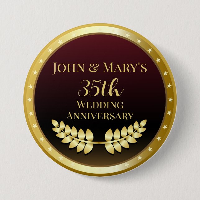 Thirty Fifth Wedding Anniversary Gold Medal 3 Inch Round Button (Front)