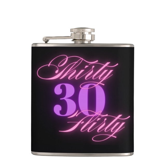 thirty flirty ,30th birthday neon pink black chic hip flask (Front)