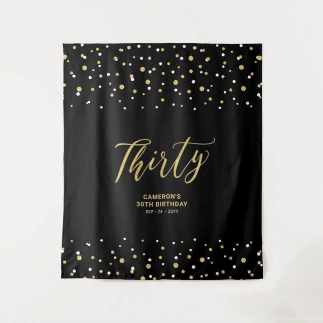 Thirty | Gold & Black 30th Birthday Party Backdrop Tapestry (Front)