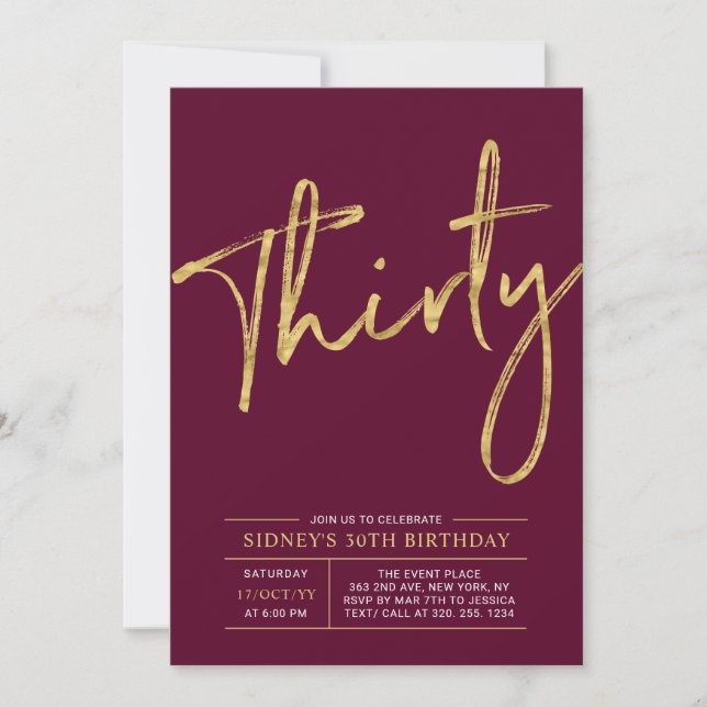 Thirty | Gold & Burgundy 30th Birthday Party Invitation (Front)