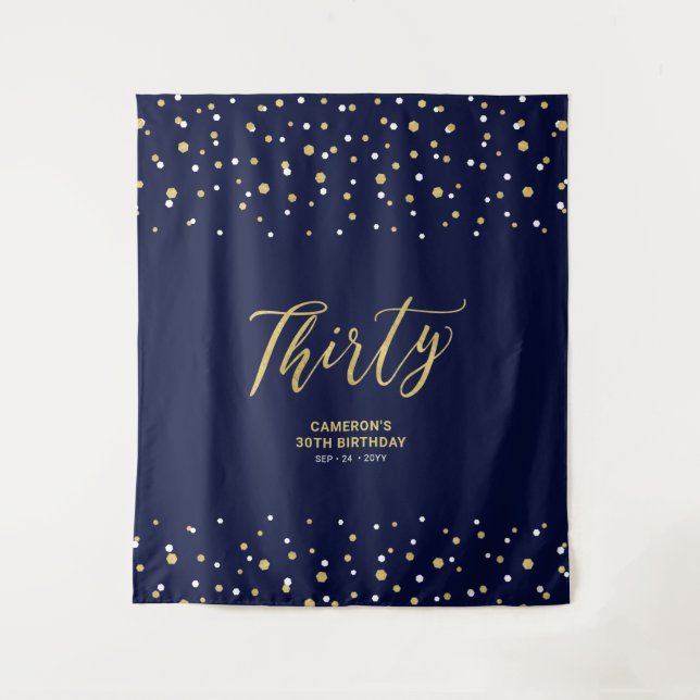 Thirty | Gold & Navy 30th Birthday Party Backdrop Tapestry (Front)