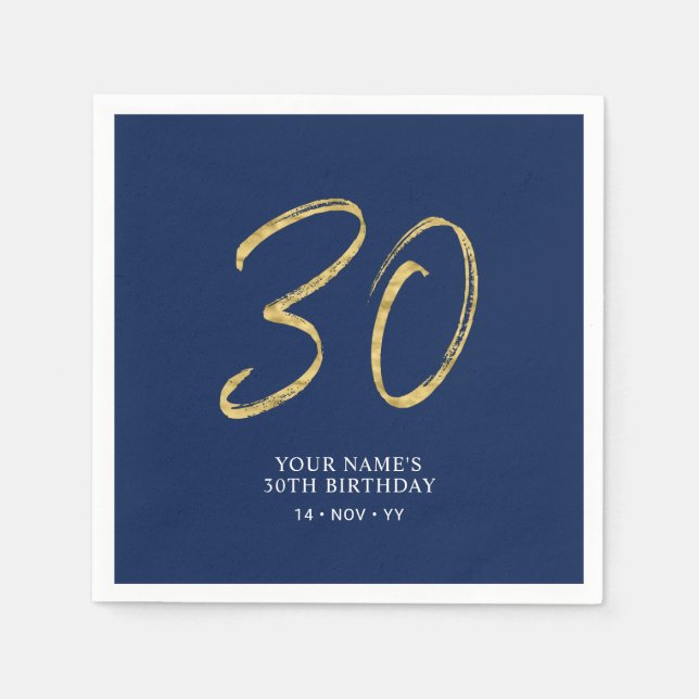Thirty | Gold & Navy Blue Lettering 30th Birthday Napkin (Front)