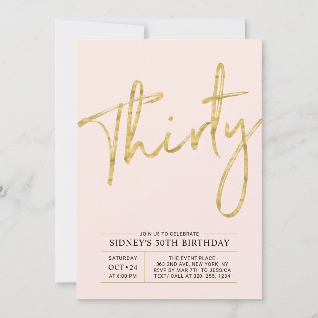 Thirty | Gold & Pink Modern 30th Birthday Party Invitation (Front)