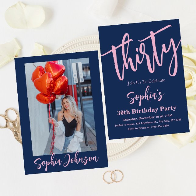 Thirty Modern Pink Script 30th Birthday Party  Invitation (Creator Uploaded)