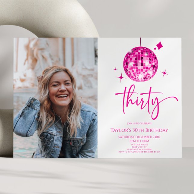 Thirty Pink Disco Ball Photo 30th Birthday Party Invitation (Creator Uploaded)