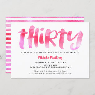 Thirty Pink Watercolor Wash 30th Birthday Woman Invitation