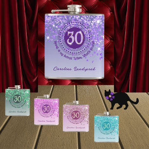 Thirty & Purple Glitter & Drinking Quote Hip Flask
