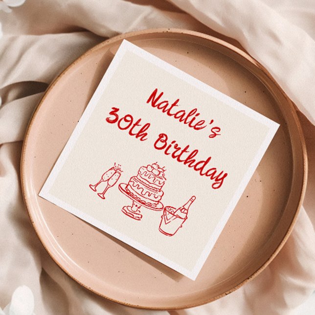 Thirty Retro Hand Drawn Cake Champagne Birthday Napkin (Creator Uploaded)