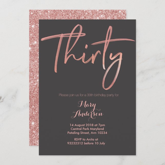 Thirty Rose Gold 30th Birthday Invitation (Front/Back)