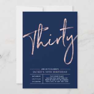 Thirty   Rose Gold & Blue 30th Birthday Party Invitation