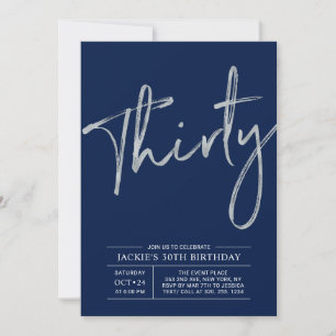 Thirty   Silver & Blue Modern 30th Birthday Party Invitation