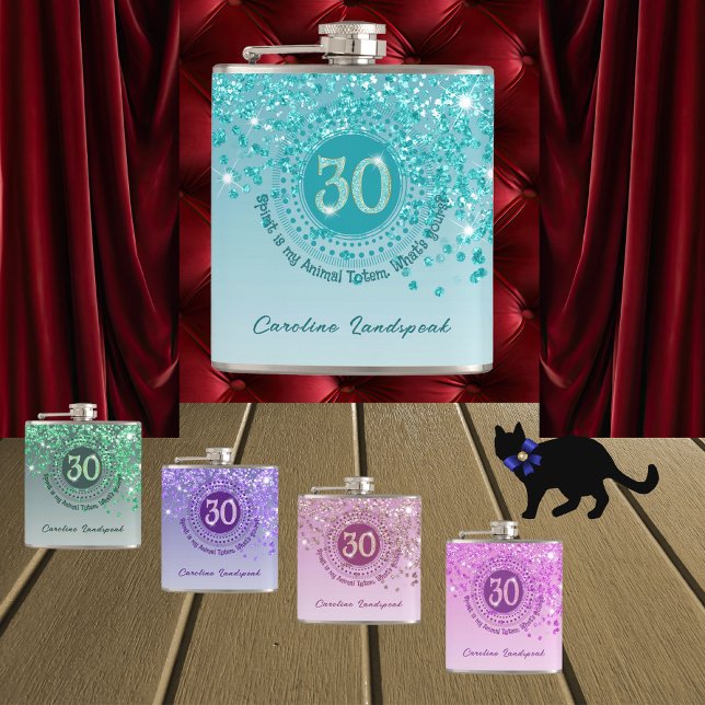 Thirty & Teal Blue Glitter & Drinking Quote Hip Flask (Creator Uploaded)
