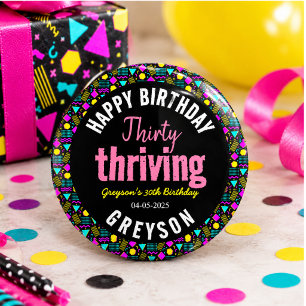 Thirty & Thriving Black and Retro 30th Birthday 1 Inch Round Button