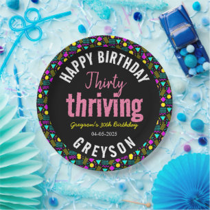 Thirty & Thriving Black and Retro 30th Birthday Paper Plate