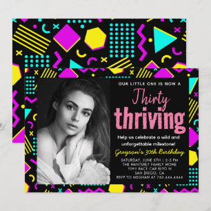 Thirty & Thriving Black and Retro Birthday photo Invitation