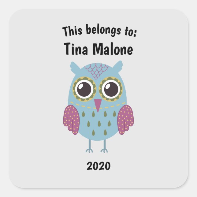This Belongs to Back to School Blue Owl Grey Square Sticker (Front)