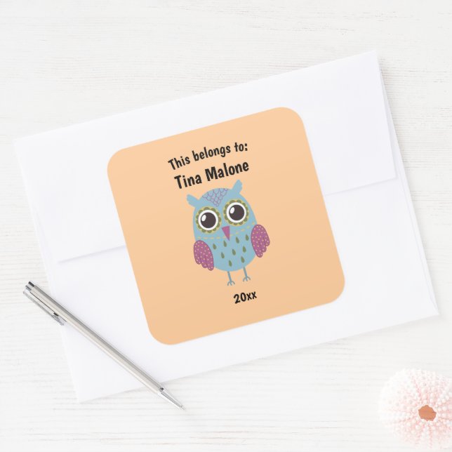 This Belongs to Back to School Blue Owl Orange Square Sticker (Envelope)