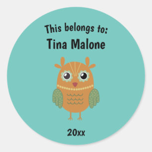 This Belongs to Back to School Brown Owl Aqua Classic Round Sticker