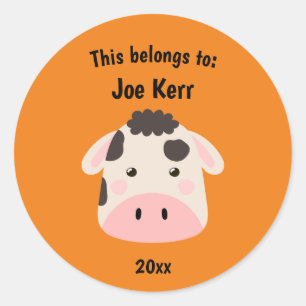 This Belongs to Back to School Cute Cow Orange Classic Round Sticker