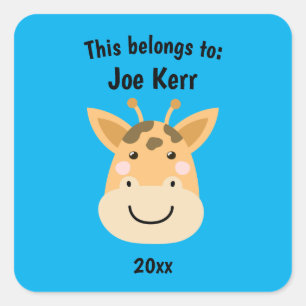 This Belongs to Back to School Cute Giraffe Blue Square Sticker