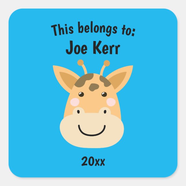 This Belongs to Back to School Cute Giraffe Blue Square Sticker (Front)