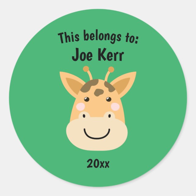This Belongs to Back to School Cute Giraffe Green Classic Round Sticker (Front)