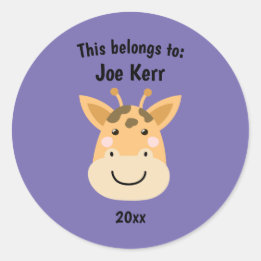 This Belongs to Back to School Cute Giraffe Purple Classic Round Sticker