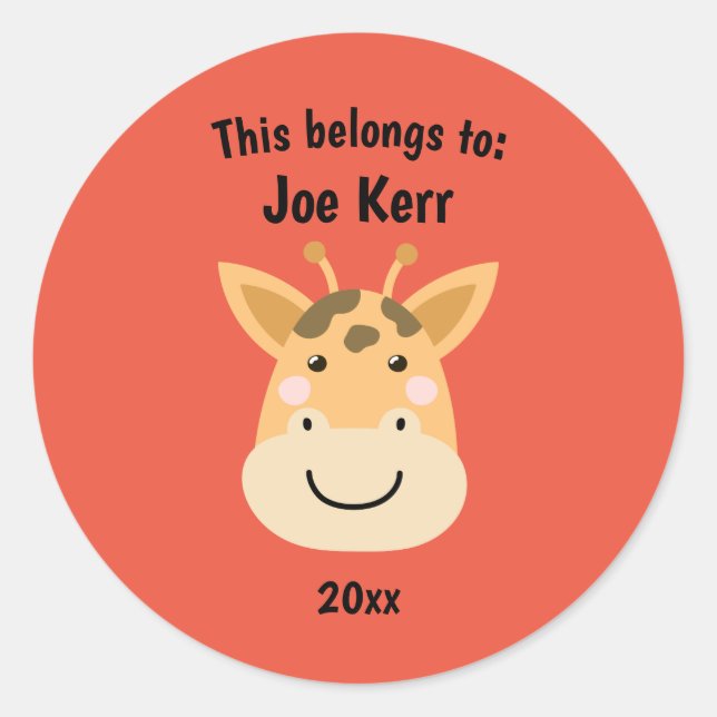 This Belongs to Back to School Cute Giraffe Red Classic Round Sticker (Front)