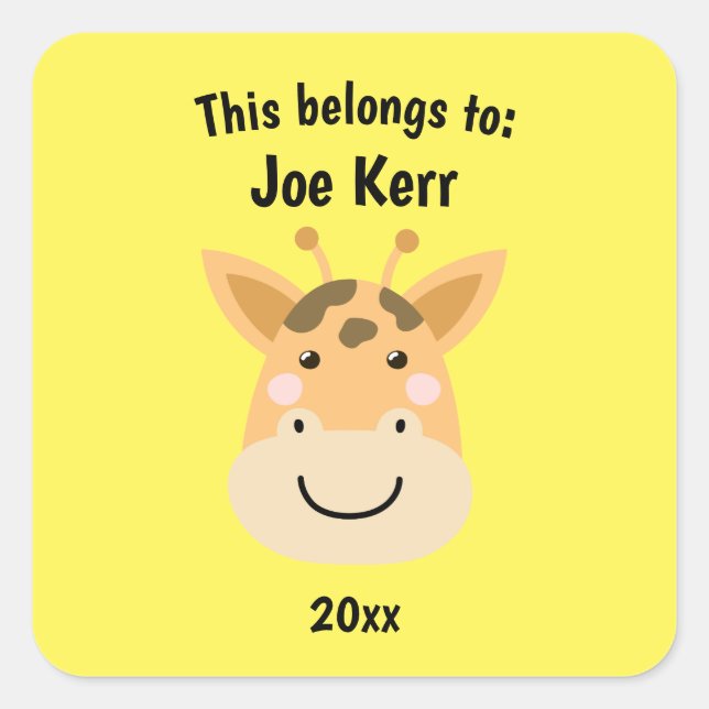 This Belongs to Back to School Cute Giraffe Yellow Square Sticker (Front)