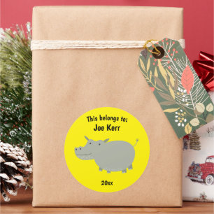 This Belongs to Back to School Cute Hippo Yellow Classic Round Sticker