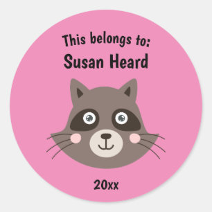 This Belongs to Back to School Cute Raccoon Pink Classic Round Sticker