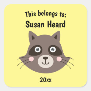 This Belongs to Back to School Cute Raccoon Yellow Square Sticker