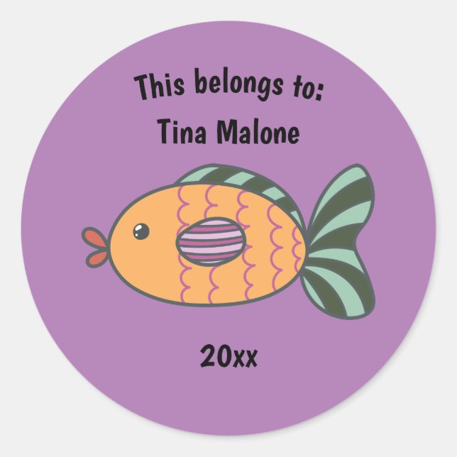 This Belongs to Back to School Fish Purple Classic Round Sticker (Front)
