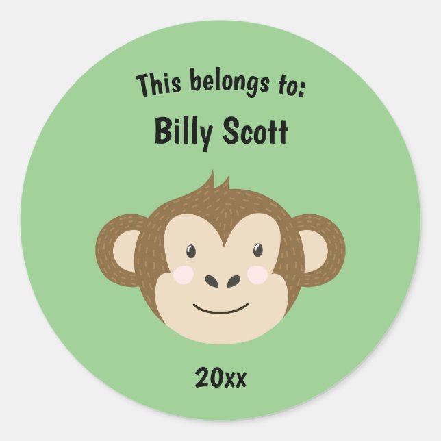 This Belongs to Back to School Monkey Face Green Classic Round Sticker (Front)