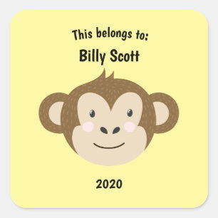 This Belongs to Back to School Monkey Face Yellow Square Sticker